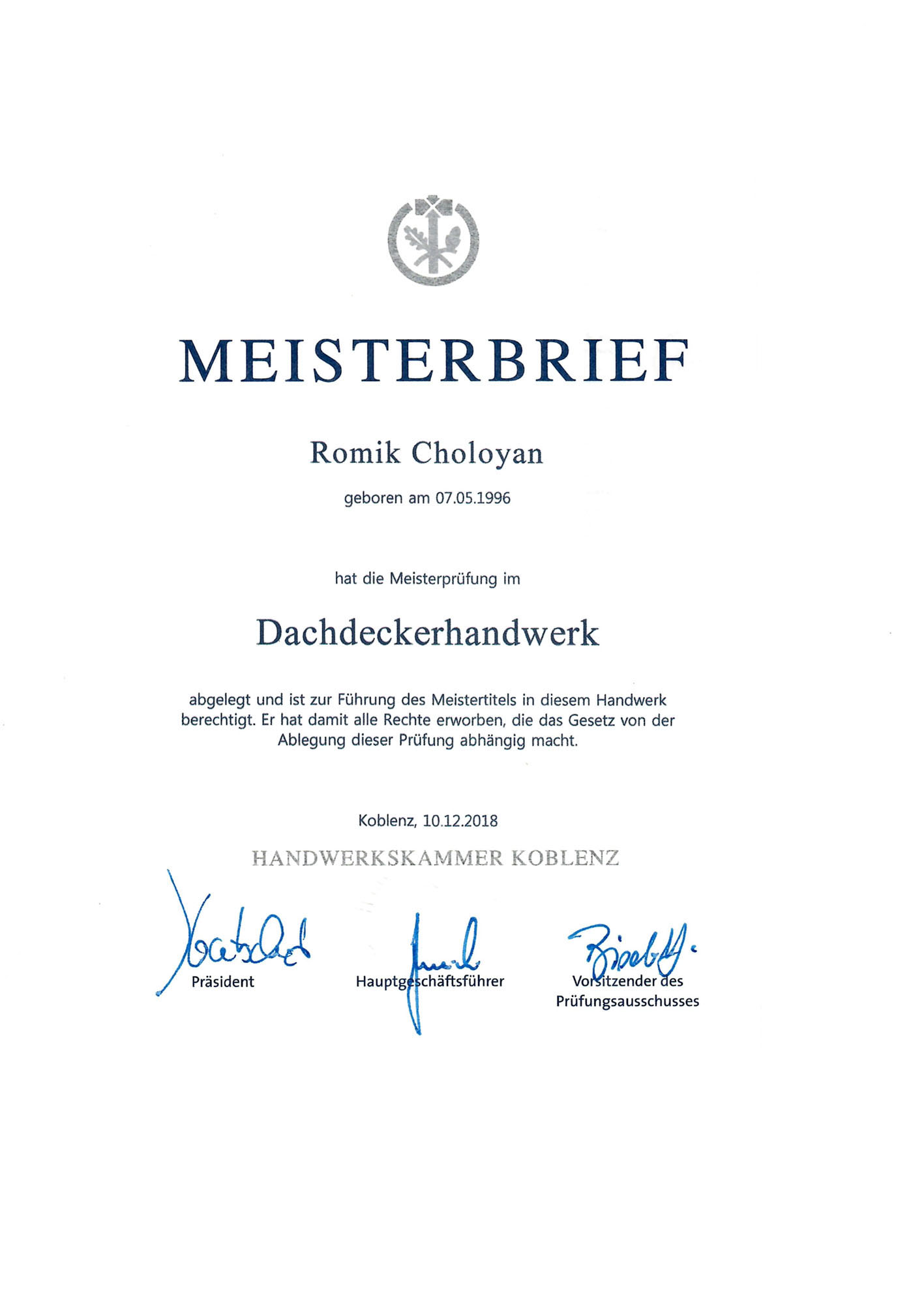 Romik Choloyan Meisterbrief